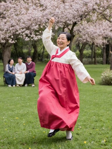 전통 한복을 입고 가족과 함께 꽃이 만발한 공원에서 즐겁게 춤추고 있는 80대 한국인 여성의 전신 사진. 그녀는 만족스러운 표정을 지으며, 푸른 잔디와 꽃들 사이에서 따뜻하고 초대하는 분위기를 연출하고 있습니다.