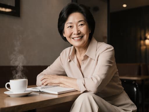 50대 한국인 여성의 반신 샷으로, 부드러운 색상의 블라우스와 편안한 바지를 입고 자연스러운 아름다움을 보여주고 있습니다. 그녀는 아늑한 카페에 앉아 팔을 테이블에 올리고 행복한 표정을 짓고 있습니다. 테이블 위에는 커피와 노트가 놓여 있어 따뜻하고 초대하는 분위기를 만들어냅니다.