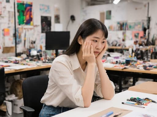 20대의 동양인 여성의 반신 샷으로, 자연스러운 아름다움을 보여줍니다. 그녀는 디자인 스튜디오의 작업 공간에 앉아 편안한 블라우스와 청바지를 착용하고 있습니다. 걱정스러운 표정을 지으며 손으로 머리를 감싸고 깊은 생각에 잠긴 모습입니다. 배경은 다양한 디자인 도구와 샘플로 가득 차 있어 영감을 주는 창의적인 분위기를 만들어냅니다. 부드럽고 매력적인 조명이 그녀의 특징과 주변 디자인 재료의 생생한 색감을 강조합니다.