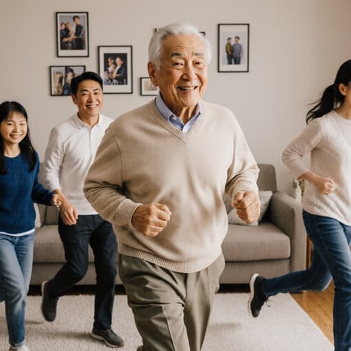 80대 동양인 남성이 편안한 점퍼와 바지를 입고 가족과 함께 아늑한 거실에서 즐겁게 달려가고 있는 모습. 가족 사진과 아늑한 소파가 있는 배경 속에서 그의 밝은 미소는 고마움과 기쁨을 드러내며 따뜻한 순간을 전달합니다.