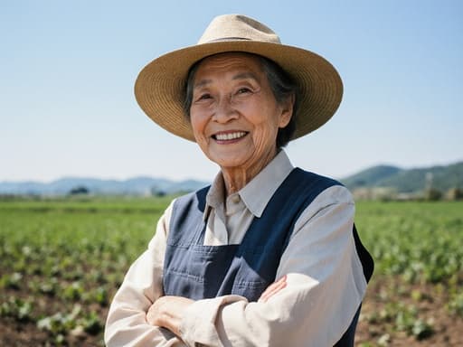 60대 한국인 여성의 반신 사진으로, 자연스러운 외모를 가진 그녀는 농사 작업에 적합한 편안한 작업복과 모자를 착용하고 있습니다. 그녀는 팔짱을 낀 채로 기다리며 밝게 웃고 있습니다. 배경은 푸른 농장 풍경으로, 멀리 있는 작물과 맑은 하늘이 어우러져 농사의 기쁨을 강조하는 평화롭고 초대하는 분위기를 만들어냅니다.