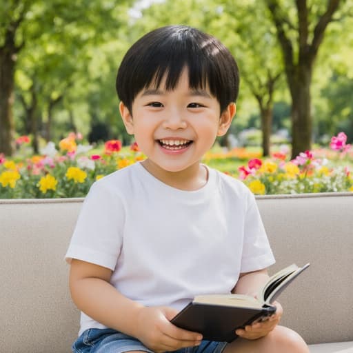 소파에 앉아 음악을 듣고 있는 귀여운 3세 동양인 남성이 편안한 티셔츠와 반바지를 입고 순수한 미소를 짓고 있으며, 나무와 꽃들로 가득한 공원 배경 속에서 즐거운 분위기를 자아내는 모습의 반신 사진입니다.