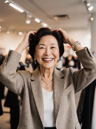 50대 아시아계 여성의 반신 촬영 이미지로, 자연스러운 외모와 자유롭고 행복한 표정을 지니고 있습니다. 세련된 패션 의상과 화려한 액세서리를 착용하고 있으며, 손을 머리에 얹고 스타일링을 즐기는 모습입니다. 배경은 다양한 의상이 전시된 패션 매장 내부로, 패셔너블한 분위기를 더욱 부각시킵니다. 따뜻하고 초대하는 조명이 모델의 특징과 의상의 디테일을 강조합니다.