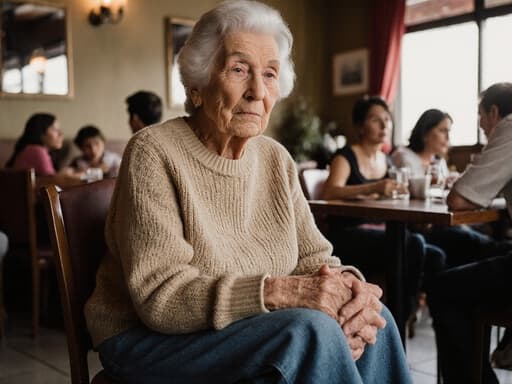 아늑한 카페에서 니트 스웨터와 청바지를 입은 80세의 라틴계 여성의 반신 사진. 그녀는 자연스러운 외모를 지니고 있으며, 약간 지루한 표정을 지으며 다리를 뻗고 앉아 손은 무릎 위에 올려놓고 있다. 배경은 가족들이 함께 즐거운 시간을 보내는 따뜻한 카페 분위기를 보여준다.