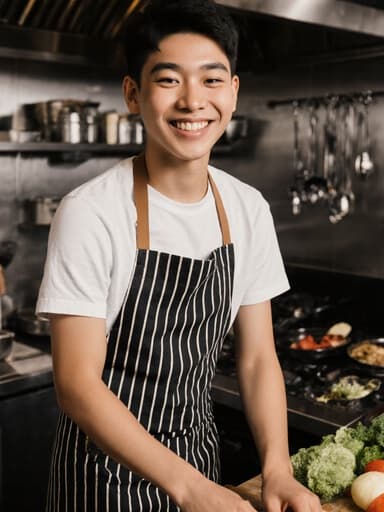 건강하고 활기찬 혼혈 남자아이의 전신 사진으로, 편안한 티셔츠와 조리용 앞치마를 착용하고 있습니다. 그는 즐거운 미소를 지으며 현대적인 레스토랑 주방에서 재료를 준비하며 걷고 있습니다. 배경에는 다양한 요리 도구와 신선한 재료들이 있어 그의 요리에 대한 열정을 강조하는 생동감 넘치는 분위기를 만들어냅니다.