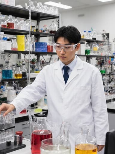 30대 동양인 남성이 흰색 실험복과 안전 안경을 착용하고 실험실을 걸으며 다양한 실험 기구와 화학 용액을 살펴보는 전신 샷. 그의 차가운 표정은 집중과 결단력을 반영하며, 잘 정리된 실험실 배경이 조화를 이룹니다.