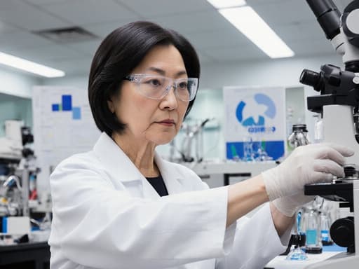 60대 아시아계 여성의 반신 사진으로, 자연스러운 외모와 함께 진지한 표정을 짓고 있으며, 흰색 실험복과 안전 안경을 착용하고 있습니다. 그녀는 실험 장비를 조작하는 듯 팔을 움직이고 있는 모습입니다. 배경은 현대적인 연구 센터로, 다양한 실험 장비와 그래프가 놓여 있어 그녀의 과학적 역할을 강조하는 전문적인 분위기를 만들어냅니다.