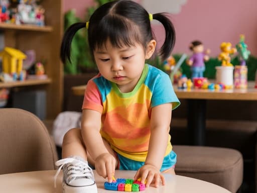 3세 동양인 여아의 자연스러운 외모를 담은 반신 촬영, 화사한 티셔츠와 반바지를 입고 장난감을 들고 스트레칭하는 모습. 장난감을 조금 지루한 표정으로 바라보며 아기자기한 인테리어의 카페에서 다양한 장난감이 놓여 있는 테이블과 함께 펼쳐지는 즐거우면서도 편안한 장면.