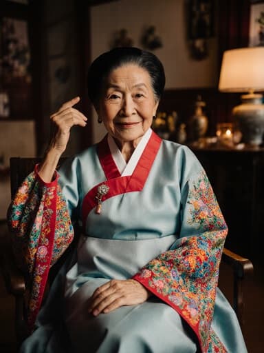 아늑한 거실에 앉아 전통 한복을 입고 있는 백인 여성의 반신 상반신 사진. 따뜻한 미소와 우아한 손 동작을 통해 기쁜 기분을 표현하며, 아름답게 장식된 배경 속에서 매력을 발산하고 있습니다.