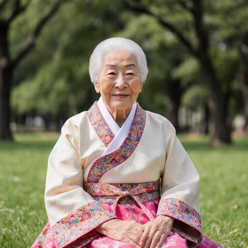 화려한 전통 한복을 입은 80세 백인 여성의 반신 초상으로, 푸른 공원에 앉아 부드럽게 미소 지으며 전통 춤의 동작을 상상하고 있는 모습입니다.