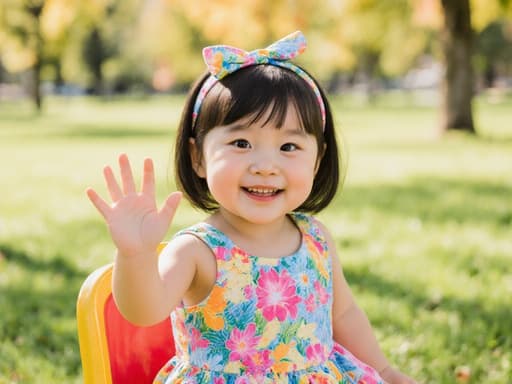 밝은 색의 원피스와 귀여운 헤어밴드를 착용한 3세 아시아계 소녀의 사랑스러운 반신 촬영. 그녀는 의자에 앉아 행복한 미소를 지으며 손을 들고 춤추는 듯한 자세를 취하고 있으며, 푸른 잔디와 나무가 있는 햇살 가득한 공원에서 기분 좋은 분위기를 자아내고 있습니다.