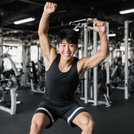 건강하고 활기찬 외모의 10대 초반 동양인 남성이 트렌디한 스포츠웨어를 입고 활기찬 헬스장에서 팔을 들어 올리며 자신감 넘치는 모습을 보여주고 있습니다.