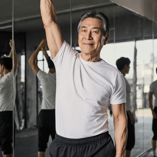 50대 한국인 남성이 자연스러운 모습으로 운동복을 입고, 반팔 티셔츠와 트레이닝 팬츠를 착용한 채로 스트레칭을 하고 있는 모습이 반사된 거울 방에서 포착되었습니다. 부드러운 미소와 함께 여유로운 분위기를 자아내고 있습니다.