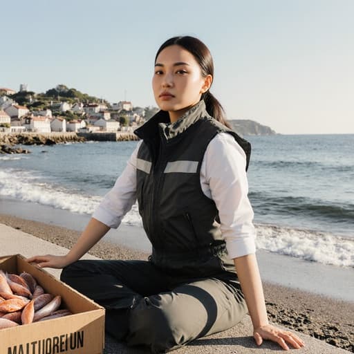평화로운 어촌 마을의 바닷가에서 신선한 해산물 상자 옆에 서서 스트레칭하는 차분한 20대 라틴계 여성의 반신 사진. 방수 조끼와 편안한 바지를 착용하고 있으며, 해양 환경과의 상호작용을 강조합니다.
