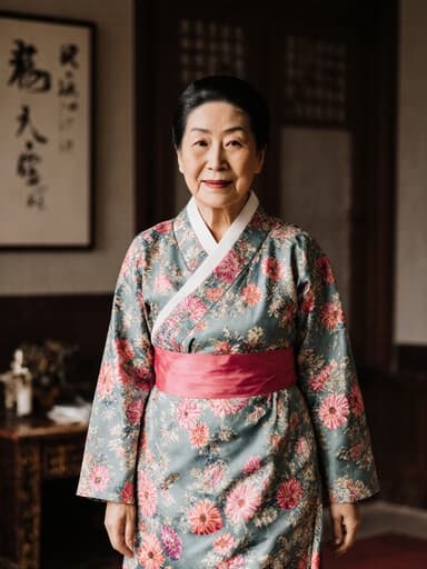 70대 혼혈 여성의 차분한 전신 사진으로, 화려한 꽃무늬의 전통 한복을 입고 전통 소품으로 꾸며진 아늑한 거실에서 조심스럽게 걸어가고 있습니다. 그녀는 차분하고 평화로운 표정을 지니고 있으며, 문화유산의 우아함을 잘 나타내고 있습니다.