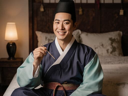 30대 동양인 남성이 전통적인 한복을 착용하고 편안하게 앉아 있는 반신 사진입니다. 그는 크로스 레그로 앉아 있으며, 한 손에는 전통적인 침을 들고 다른 손은 무릎 위에 편안하게 놓고 있습니다. 환한 미소를 지으며 아늑한 침실 배경이 부드러운 조명과 전통적인 장식으로 아늑하고 따뜻한 분위기를 더해줍니다.