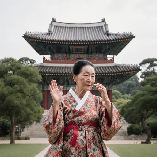 80대 한국인 여성이 전통 한복을 입고 손을 들고 춤추는 모습의 반신 사진. 외로운 표정을 지으며 주변의 아름다움을 감상하고 있습니다. 배경에는 아름다운 전통 건축물이 있는 평화로운 공원이 펼쳐져 있습니다.