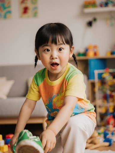 7세 동양인 여성의 반신 사진으로, 귀여운 외모를 지닌 아이가 화사한 색상의 티셔츠와 편안한 바지를 입고 있습니다. 배고픈 표정으로 입을 살짝 벌리고 눈을 크게 뜨고 있습니다. 그녀는 신발을 신고 한 발을 들고 춤추는 듯한 포즈를 취하며 즐거움과 에너지를 발산합니다. 배경은 밝고 아늑한 거실로 장난감과 쿠션이 놓여 있어 따뜻한 분위기를 자아냅니다.