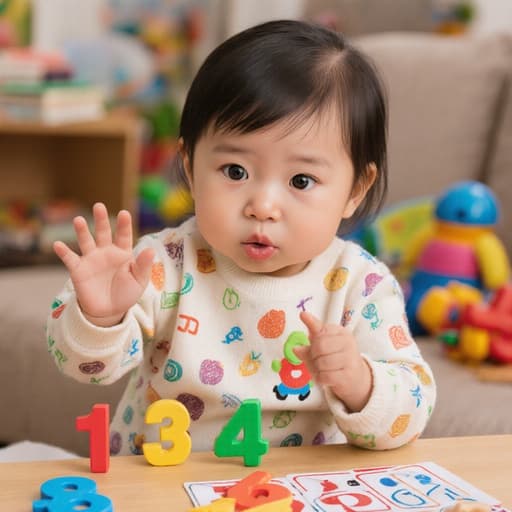 아기용 밝은 색상 의상을 입고, 눈을 크게 뜨고 입술을 쭈욱 내민 귀여운 1세 아시아계 여아가 장난감 숫자 카드를 가리키며 인사하는 모습이 담긴 클로즈업 사진. 아기 장난감과 책이 흩어져 있는 아늑한 거실 배경이 따뜻하고 초대하는 느낌을 줍니다.