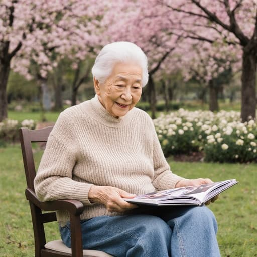 아름다운 공원에 의자에 앉아 가족 사진 앨범을 바라보며 따뜻하게 미소 짓고 있는 80대 한국인 여성의 반신 촬영입니다. 그녀는 편안한 니트 스웨터와 청바지를 입고 있으며, 나무와 꽃들로 가득한 평화로운 풍경 속에서 향수를 불러일으키는 편안함을 느끼고 있습니다.