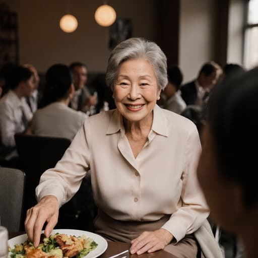 60대의 친근한 표정을 가진 아시아계 여성이 자연스러운 외모로 반신 촬영된 이미지입니다. 그녀는 세련된 블라우스와 편안한 바지를 착용하고 있으며, 우아함과 편안함이 조화를 이루고 있습니다. 여성이 테이블 위에 놓인 맛있는 음식을 향해 손을 뻗으며 동료들과 따뜻한 대화를 나누고 있는 모습이 담겨 있습니다. 배경은 아늑한 레스토랑 내부를 반영하고 있으며, 부드러운 조명과 따뜻한 분위기가 친구들과 동료들과의 식사의 즐거움을 전달합니다.
