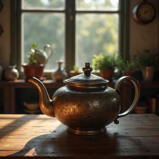 빈티지 주전자가 레트로 장식의 앤티크 상점의 나무 테이블 위에 놓여있고, 따뜻하고 향수를 불러일으키는 분위기.