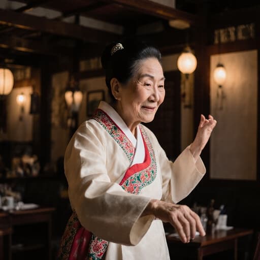 80대 한국인 여성의 반신 사진으로, 화려한 자수가 돋보이는 전통 한복을 입고 있습니다. 그녀는 부드러운 미소와 주름이 있는 얼굴을 지니고 있으며, 혼자서 춤추는 듯한 외로운 표정을 짓고 있습니다. 손을 가볍게 흔들며 몸을 약간 옆으로 기울이고 있으며, 아늑한 카페 내부에서 따뜻한 조명과 전통 공예품들이 어우러져 향수를 불러일으키는 분위기를 자아냅니다.