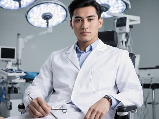 세련된 표정을 지닌 20대 라틴계 남성이 깨끗한 의료 가운을 입고 현대적인 수술실에 앉아 다리를 편안하게 뻗고 의료 도구를 들고 있는 반신 사진. 배경은 청결하고 잘 갖춰진 의료 장비와 조명이 있는 환경입니다.