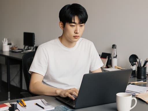 20대 동양인 남성이 개인 작업 공간의 모던한 책상에 앉아 있습니다. 그는 편안한 티셔츠와 청바지를 입고 노트북 화면을 무관심하게 바라보고 있습니다. 배경에는 사무용품과 커피 컵이 놓인 세련된 인테리어가 있어 편안하고 생산적인 분위기를 만들어냅니다.