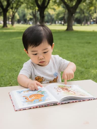 편안한 티셔츠와 반바지를 입은 1세 남성 한국인 아기가 공원에 있는 테이블에 앉아 있습니다. 그는 지루한 표정을 지으며 동물 그림이 있는 책을 가리키고 있으며, 푸른 잔디와 나무들로 둘러싸인 가운데 그의 순수한 호기심이 강조됩니다.