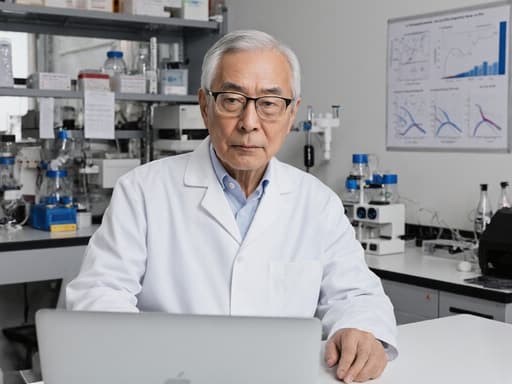 60대 동양인 남성이 화이트 코트를 입고 안경을 쓰고, 깔끔한 분석실 작업 공간에 앉아 진지한 표정으로 테이블 위의 노트북을 바라보고 있습니다. 실험 장비와 데이터 그래프가 있는 그의 주변은 전문적이면서도 매력적인 분위기를 자아냅니다.