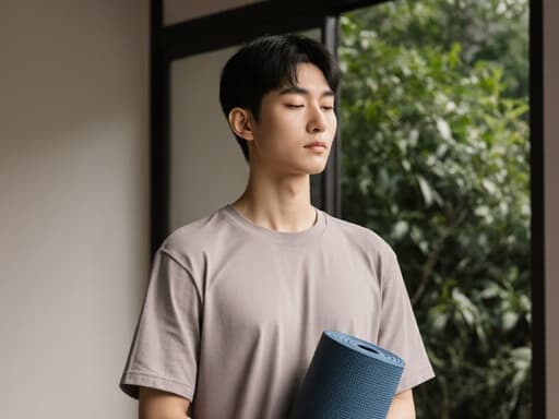 한 젊은 동양인 남성이 편안한 명상 공간에서 요가 매트를 들고 안정된 자세로 서 있습니다. 그는 편안한 요가복을 입고 있으며, 무표정으로 집중한 모습을 보이고 있습니다. 배경은 푸르른 식물과 부드러운 조명으로 장식되어 있어, 장면의 차분한 분위기를 더욱 강조하고 있습니다.