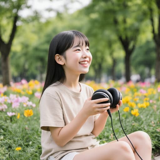 사랑스러운 표정을 지으며 음악을 감상하는 7세 한국인 소녀의 반신 사진. 밝은 색상의 티셔츠와 반바지를 입고, 손에는 헤드폰을 쥐고 앉아 있으며, 푸른 나무와 꽃들로 둘러싸인 공원에서 행복하고 평화로운 분위기를 풍깁니다.