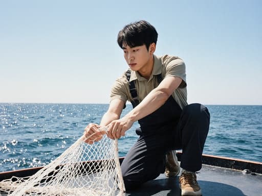20대 아시아계 남성이 간편한 작업복과 운동화 차림으로 반신 샷으로 포착되었습니다. 그는 열정적으로 스트레칭하며 어선을 타고 어망을 설치하기 위해 준비하는 자세를 취하고 있으며, 평화로운 파란 하늘과 물을 배경으로 헌신과 집중을 나타내고 있습니다.