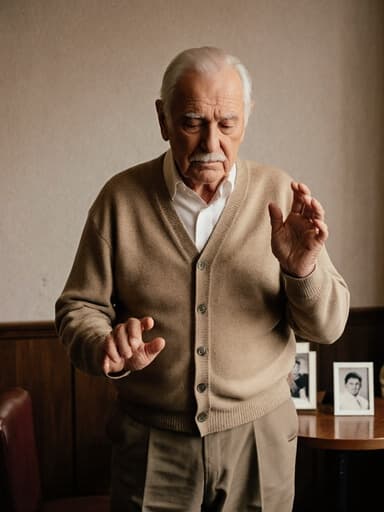 80대 유럽계 남성이 편안한 카디건과 바지를 착용하고, 아늑한 카페 환경에서 가족 사진이 놓인 테이블 옆에서 외로운 표정을 지으며 부드럽게 춤추는 모습의 전신 사진.