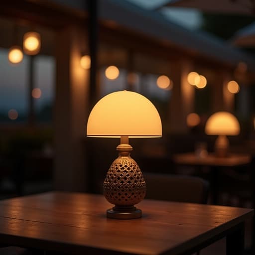 고급 레스토랑 테라스에 있는 램프, 부드러운 분위기의 조명과 섬세한 베이스 텍스처로 따뜻한 저녁 분위기를 만든다.