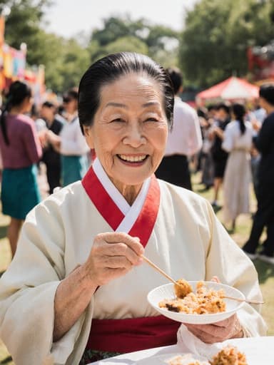화창한 날의 공원에 앉아 전통 음식을 손에 들고 즐거운 미소를 짓고 있는 80대 아시아계 여성의 따뜻한 반신 사진. 그녀는 화려한 전통 한복을 입고 있으며, 주위에는 전통 축제를 즐기는 사람들이 있습니다.
