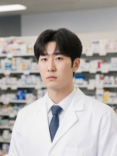 30대 한국인 남성 약사가 흰색 가운을 입고 약국 카운터에서 걱정스러운 표정을 지으며 반신 촬영된 이미지입니다. 약들이 진열된 선반과 상담 공간이 보이는 배경이 있어 전문적인 의료 환경을 연출하고 있습니다.
