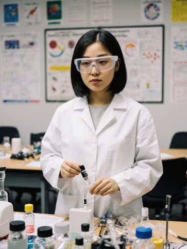학술회의실에서 실험 기구를 들고 있는 과학 실험복과 안전 안경을 착용한 10대 초반의 아시아계 여성의 반신 촬영. 벽에는 여러 과학 포스터가 붙어 있고, 테이블 위에는 다양한 실험 도구들이 놓여 있으며, 호기심과 피곤함이 섞인 표정을 짓고 있다.