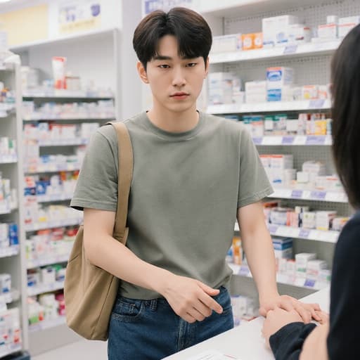 편안한 티셔츠와 청바지를 입은 10대 후반의 한국인 남성이 어깨에 작은 가방을 메고 진지한 표정으로 약국 카운터에 다가가고 있습니다. 약품이 진열된 선반으로 가득한 약국 내부가 배경을 이루며, 진지한 상담의 분위기를 조성합니다.