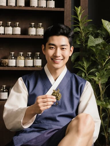 10대 초반의 백인 남성이 한복 스타일의 전통 의상을 입고, 다리를 뻗고 앉아 천연 한약재를 손에 들고 있는 모습입니다. 아늑한 전통 한의원의 분위기를 배경으로 긍정적인 표정이 따뜻한 느낌을 더하고 있습니다.