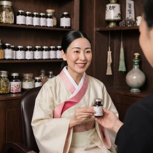 50대 중동계 여성이 전통적인 한복 스타일의 의상을 입고, 따뜻한 미소를 지으며 약초를 들고 있는 모습의 반신 사진. 아늑한 한의원 내부에는 한약재가 진열된 선반과 전통 소품들이 배치되어 있습니다.