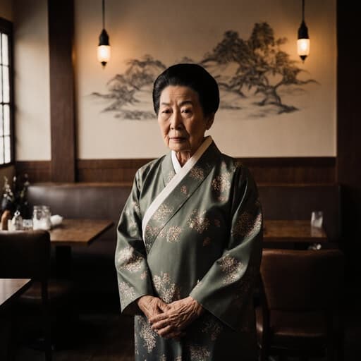 이 이미지는 80대 백인 여성이 전통적인 한복을 입고 아늑한 카페 환경에 있는 모습을 담고 있습니다. 그녀는 자연스러운 외모와 걱정스러운 표정으로, 손은 앞에서 모으고 약간 앞으로 기울이고 있습니다. 따뜻한 조명과 배경의 전통적인 문양이 장면의 고요하면서도 걱정스러운 분위기를 더욱 강조하고 있습니다.