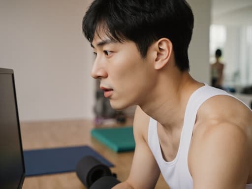30대 동양인 남성이 편안한 요가복을 착용하고, 요가 매트 위에 앉아 컴퓨터를 사용하며 약간 당황한 표정을 짓고 있는 모습의 반신 사진입니다. 배경은 차분한 분위기의 요가 센터 내부입니다.