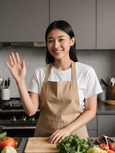 현대적인 주방에서 편안한 앞치마와 티셔츠를 입고 자신감 있는 표정으로 손을 흔들고 있는 혼혈 10대 초반 여성의 반신 사진. 다양한 조리 도구와 신선한 재료가 배치된 주방 환경 속에서 그녀의 매력이 드러납니다.
