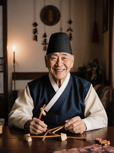 전통 한복을 입은 70대 동양인 남성이 전통 놀이 도구를 손에 들고 테이블에 앉아 따뜻한 미소를 짓고 있는 모습의 반신 촬영, 아늑한 거실과 전통 장식으로 가득 찬 분위기.