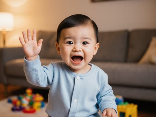 이 이미지는 부드러운 파란색 잠옷을 입은 귀여운 1세 남자 아기를 보여줍니다. 아기는 배고픈 표정을 지으며 입을 벌리고 눈을 크게 뜨고 있습니다. 그는 따뜻한 분위기의 거실에서 팔을 살짝 들며 인사하는 자세를 취하고 있으며, 소파와 장난감이 놓여 있어 어린 시절의 순수함을 완벽하게 포착하고 있습니다.
