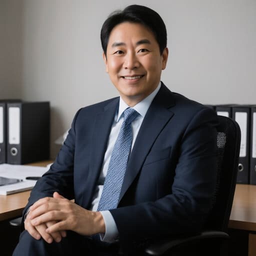 친근한 표정을 가진 40대 아시아계 남성이 정장 차림에 넥타이를 매고 의자에 편안하게 앉아 있으며, 손은 무릎 위에 자연스럽게 놓여 있습니다. 배경은 잘 정리된 사무 공간으로, 그의 따뜻한 인상을 강조하는 전문적인 분위기를 만들어냅니다.