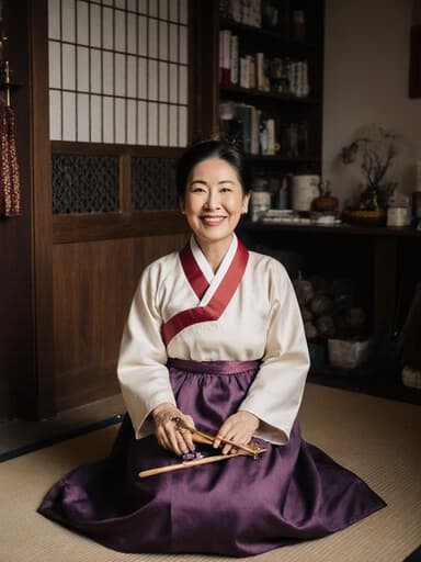 자연스러운 외모를 가진 50대 백인 여성의 반신 촬영으로, 전통 한복을 입고 아늑한 한의원 바닥에 앉아 상담 도구를 손에 들고 친근한 미소를 짓고 있습니다. 배경은 전통 한약재와 뜸 도구로 가득 차 있어, 한국 전통 치유의 본질을 반영하는 따뜻하고 초대하는 분위기를 만들어냅니다.