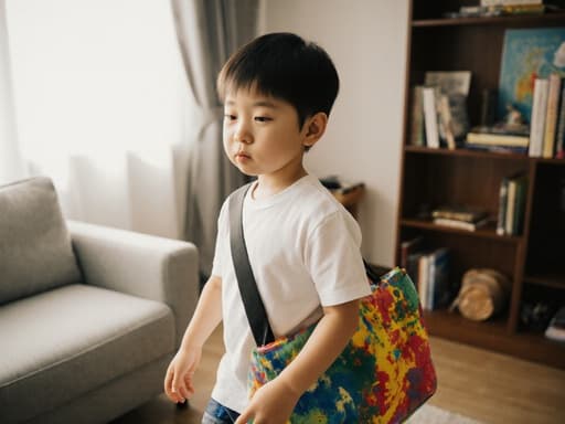편안한 티셔츠와 반바지를 입고 큰 색색의 가방을 메고 걷고 있는 귀여운 7세 아시아계 남성의 반신 사진. 아늑한 거실에서 자연광이 가득합니다.